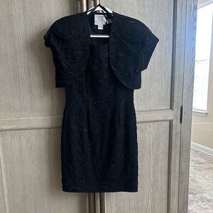 Carmen Marc Valvo,  Black Embroidered Mini Dress with Jacket
